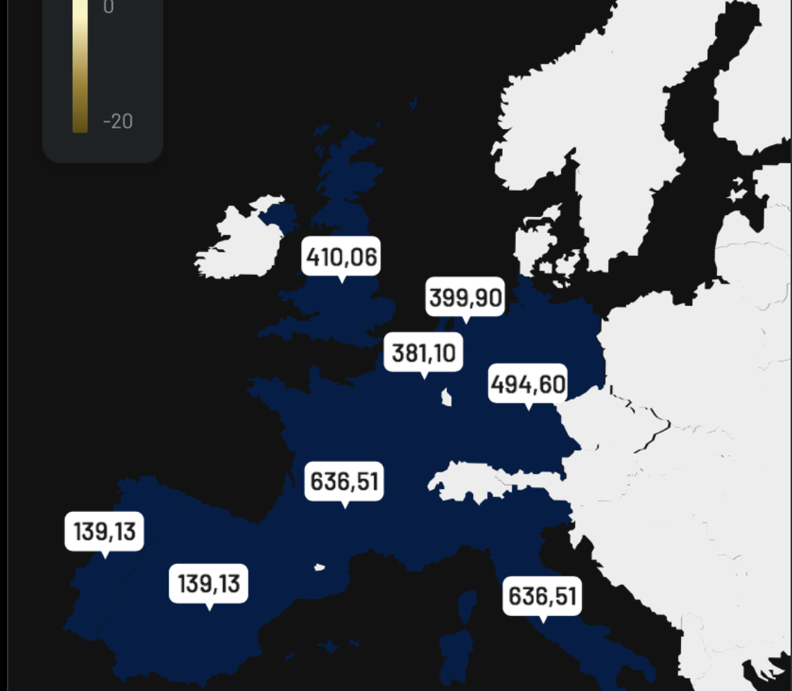 Mapa de Europa que muestra los precios de luz de mañana de cada país